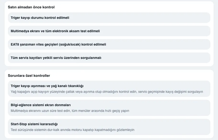 Araç satın almadan önce uygulanacak genel ve soruna özel kontrol listesi