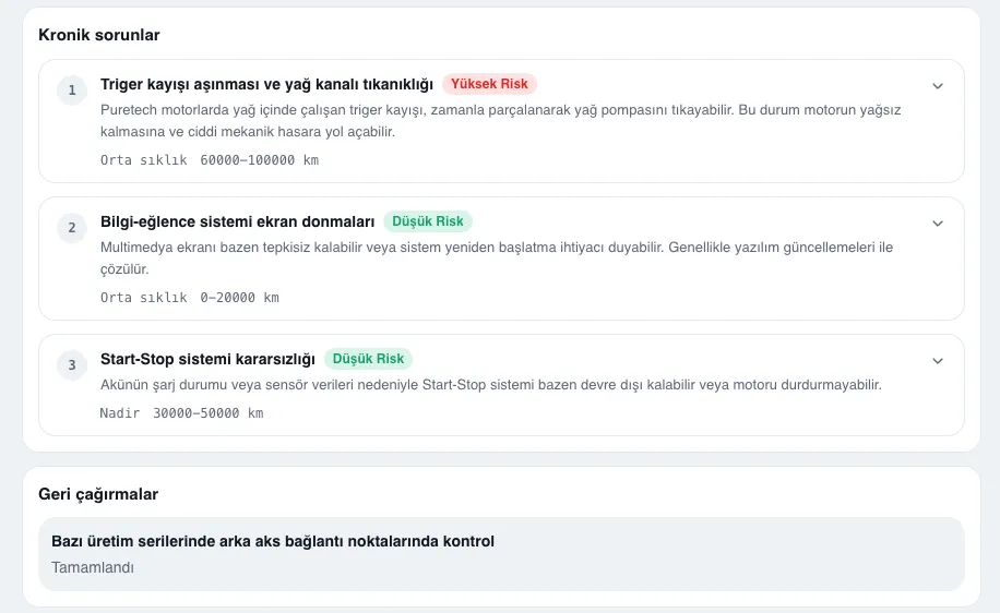 Araç modelinin kronik sorunları, risk seviyeleri ve geri çağırma bilgileri